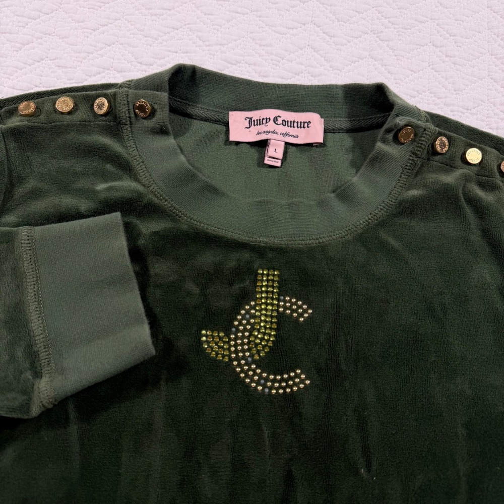 Juicy Couture Velour Rhinestone Logo Top Women Large Green Made in USA EUC